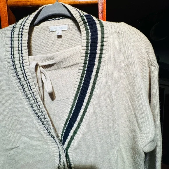 CreamCashmere Cardigan and Pants Set with Striped Trim